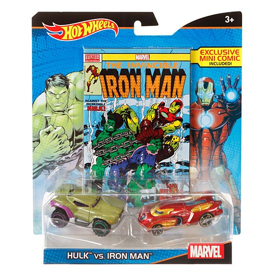  Hot Wheels Marvel Hulk vs. Iron Man Character Car 2-Pack with Mini Comic 
